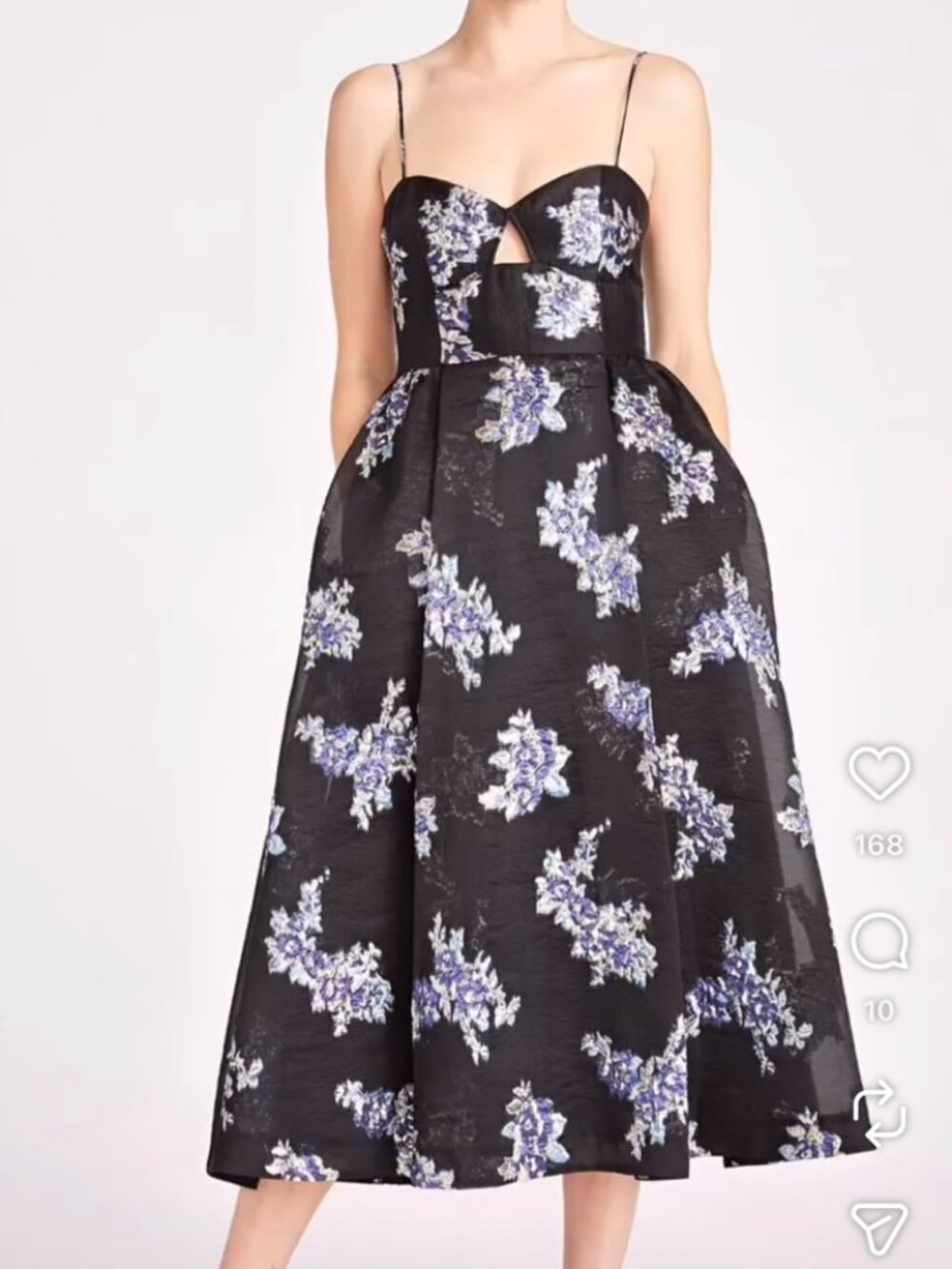 ML Monique Lhuillier Black, Blue and Silver Floral Midi Dress